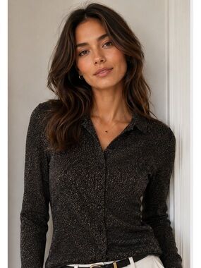 Anthropologie Black Metallic Speckled Button-Down Shirt